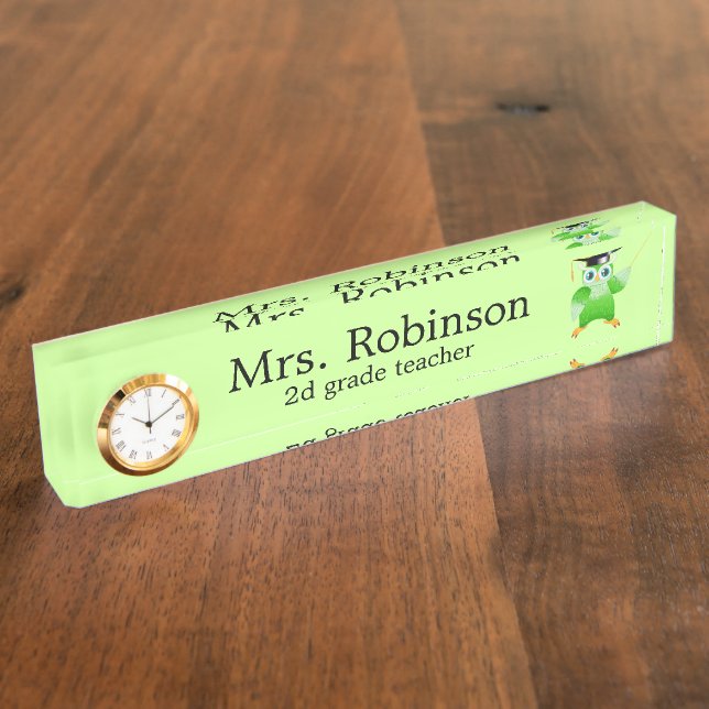 Cute Green Owl Teacher customisable Nameplate (Side)