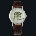 Cute Green Owl Watch<br><div class="desc">Stylish custom watch features a sweet vector illustration of an owl perched on a tree branch on a polka dots pattern background.  Babystar Design at mygrafico.com</div>