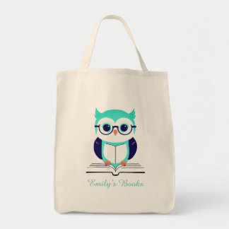 Cute green owl with book personalised library book tote bag