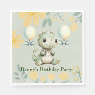 Cute Green Painted Dinosaur 1st Birthday Party Napkin