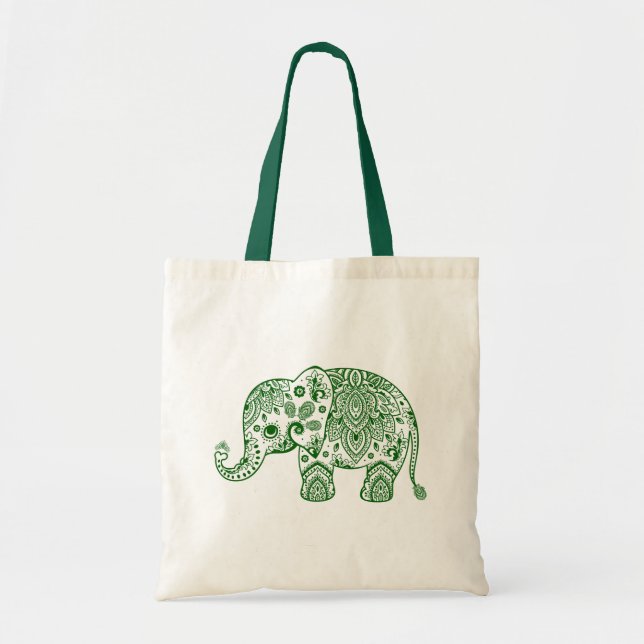 Cute Green Paisley Floral Elephant Illustration. Tote Bag (Front)