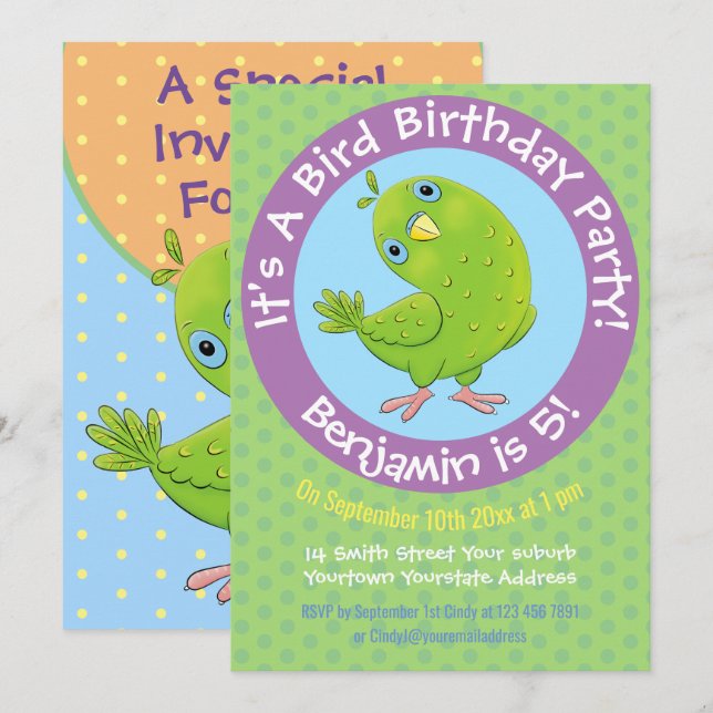 Cute green parakeet cartoon illustration 5 years i invitation (Front/Back)