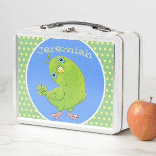 Cute green parakeet cartoon illustration metal lunch box