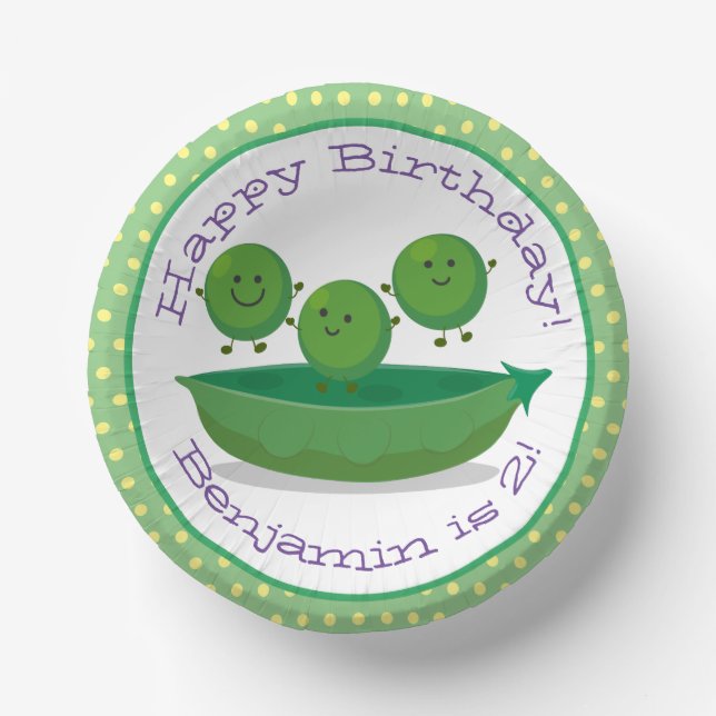 Cute green peas in pod cartoon illustration paper plate (Front)