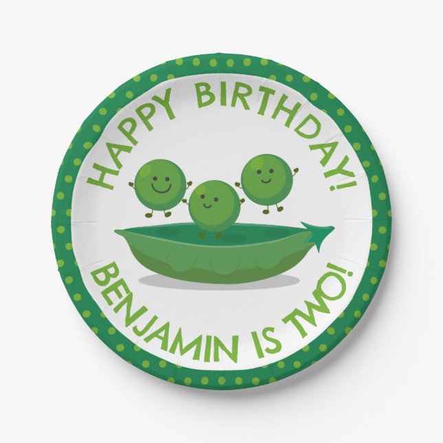 Cute green peas in pod personalised birthday paper plate (Front)