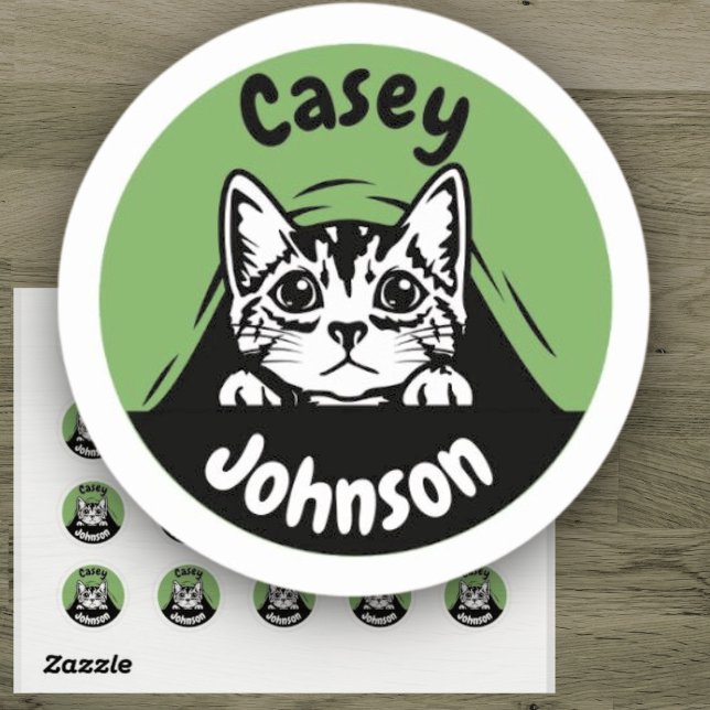 Cute Green Peeking Cat Back to School Name Label (Creator Uploaded)