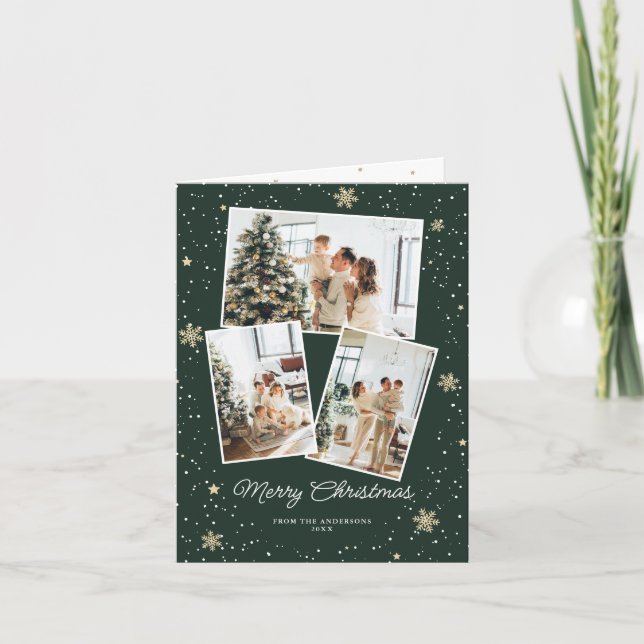 Cute Green Photo Collage Snowflake Christmas Card (Front)