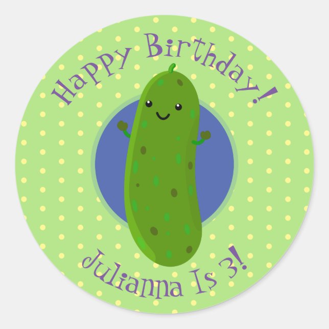Cute green pickle cucumber cartoon illustration classic round sticker (Front)