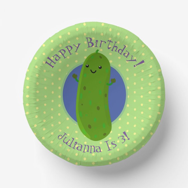 Cute green pickle cucumber cartoon illustration paper plate (Front)