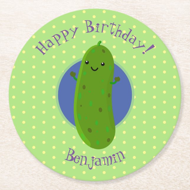 Cute green pickle cucumber cartoon illustration round paper coaster (Front)