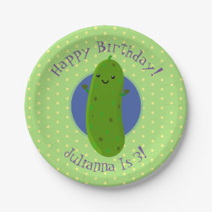 Cute green pickle cucumber personalised birthday paper plate
