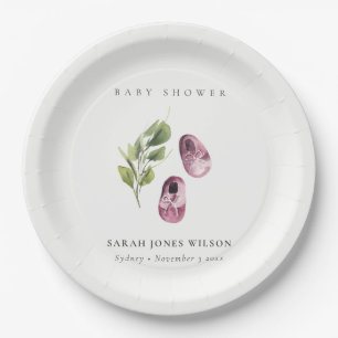 Cute Green Pink Girl Shoes Foliage Baby Shower Paper Plate