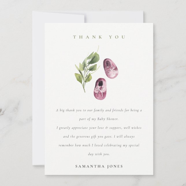 Cute Green Pink Girl Shoes Foliage Baby Shower Thank You Card (Front)