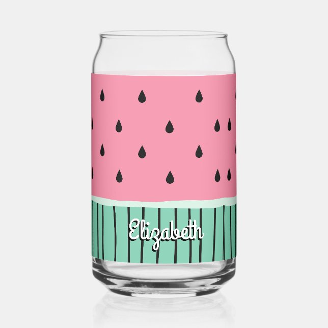 Cute Green Pink Pastel Watermelon Personised Can Glass (Front)