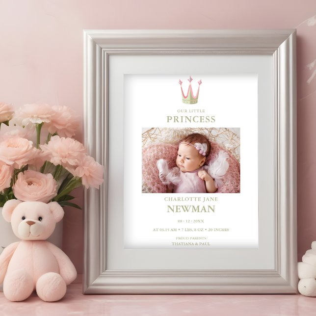 Cute Green Pink Princess Crown Photo Baby Newborn Poster (Cute Green & Pink Princess Crown Photo Baby Newborn Birth Announcement Poster.)
