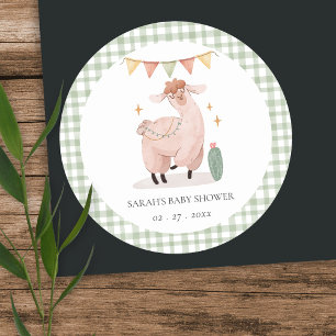Cute Green Plaid Cactus Boho Llama Baby Shower Classic Round Sticker