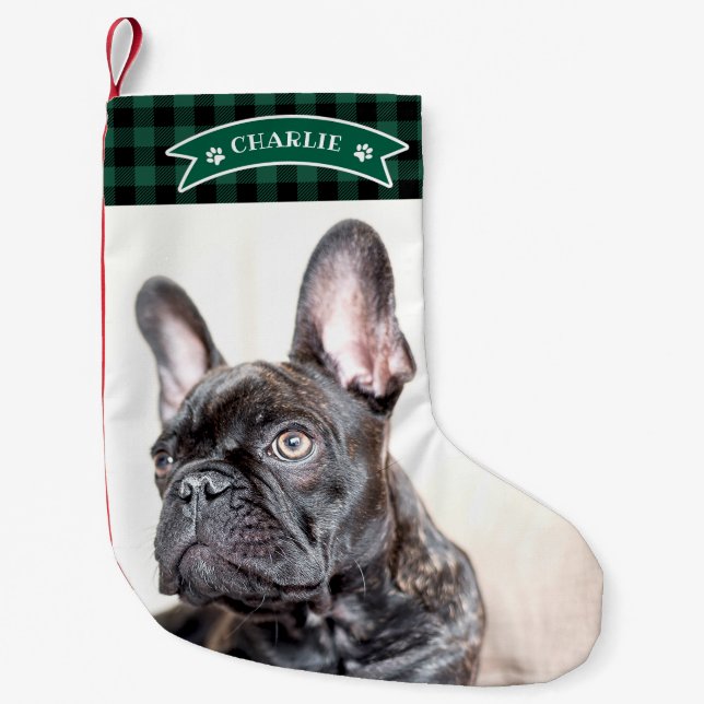 Cute Green Plaid Festive Custom Photo Pet Dog Small Christmas Stocking (Front)