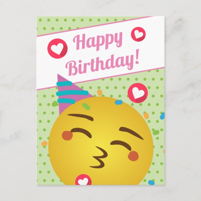 Cute Green Polka Dot Kiss Emoji Happy Birthday Postcard (Front)