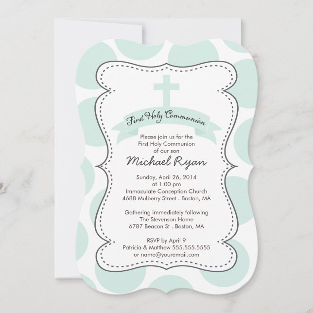 Cute Green Polka Dots Cross Communion Invitation (Front)