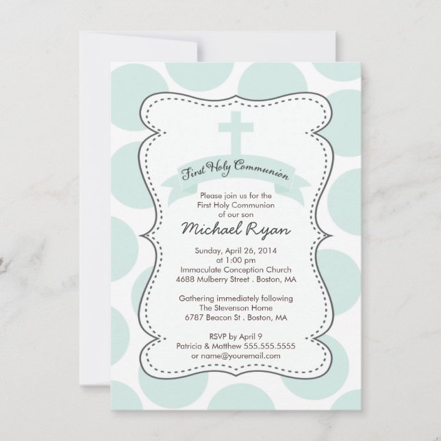 Cute Green Polka Dots Cross Communion Invitation (Front)