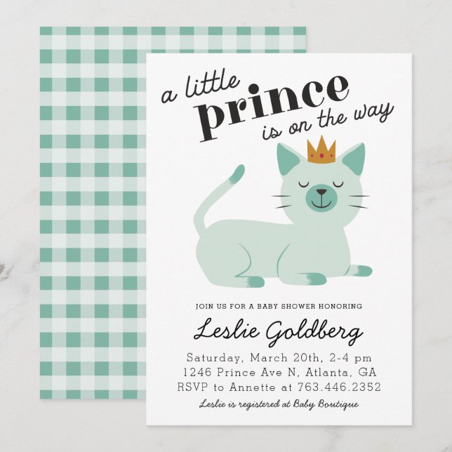 Cute Green Prince Kitty Cat Baby Shower Invitation (Front/Back)