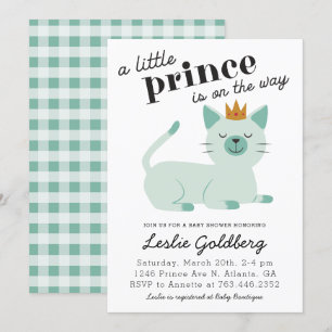 Cute Green Prince Kitty Cat Baby Shower Invitation