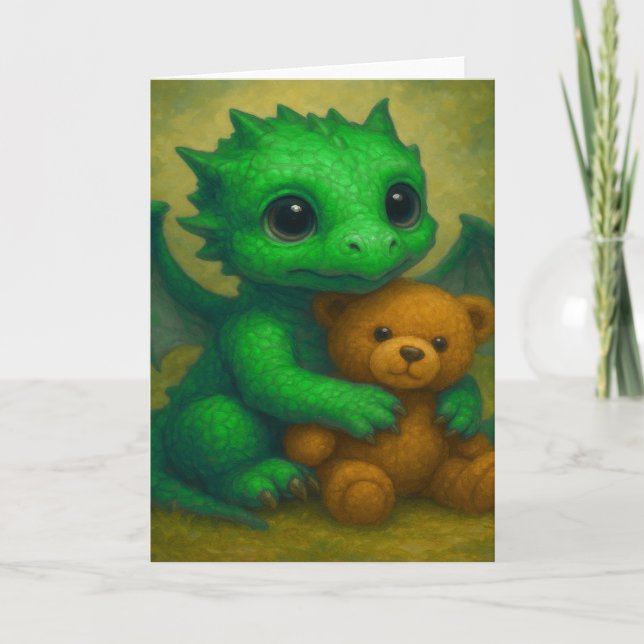 Cute Green Puppy Eyed Baby Dragon with Teddy Bear Card (Front)