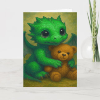 Cute Green Puppy Eyed Baby Dragon with Teddy Bear Card