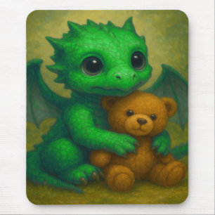 Cute Green Puppy Eyed Baby Dragon with Teddy Bear Mouse Mat