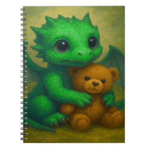 Cute Green Puppy Eyed Baby Dragon with Teddy Bear Notebook