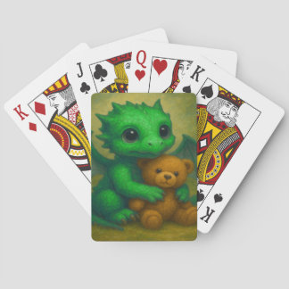 Cute Green Puppy Eyed Baby Dragon with Teddy Bear Playing Cards