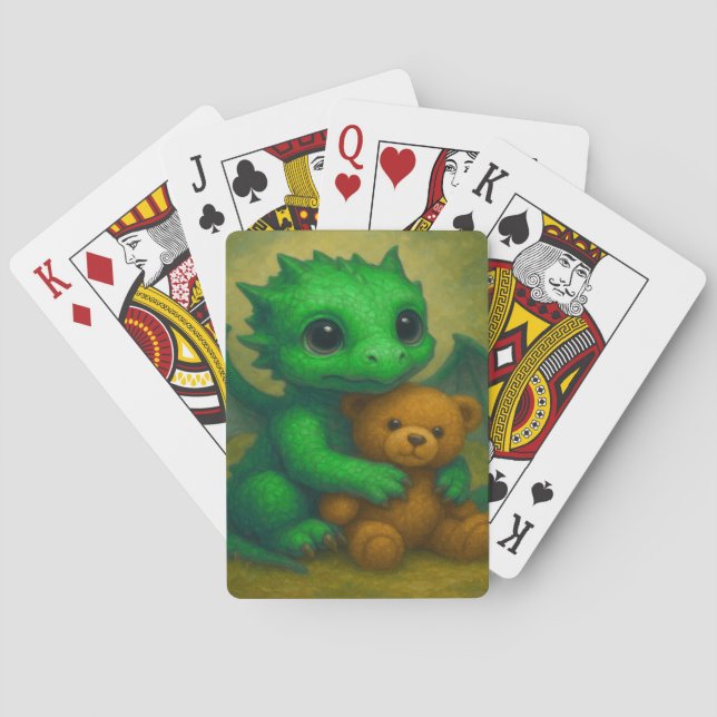 Cute Green Puppy Eyed Baby Dragon with Teddy Bear Playing Cards (Back)