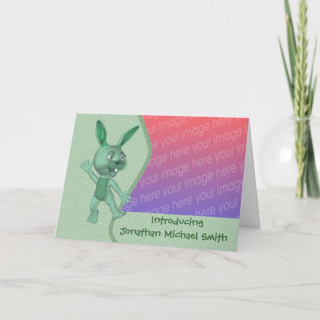 Cute Green Rabbit New Baby Photo Announcement (Front)