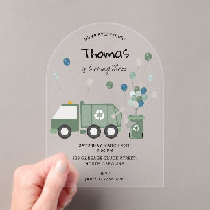 Cute Green Recycling Truck Boys Vehicles Birthday Acrylic Invitations