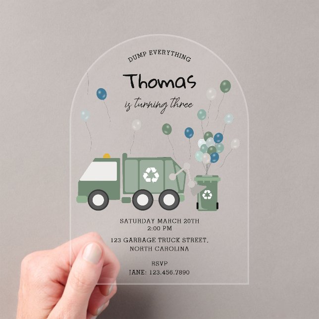 Cute Green Recycling Truck Boys Vehicles Birthday Acrylic Invitations (Insitu (Handheld))