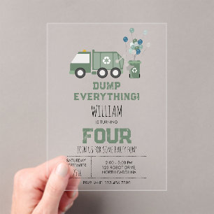 Cute Green Recycling Truck Boys Vehicles Birthday Acrylic Invitations