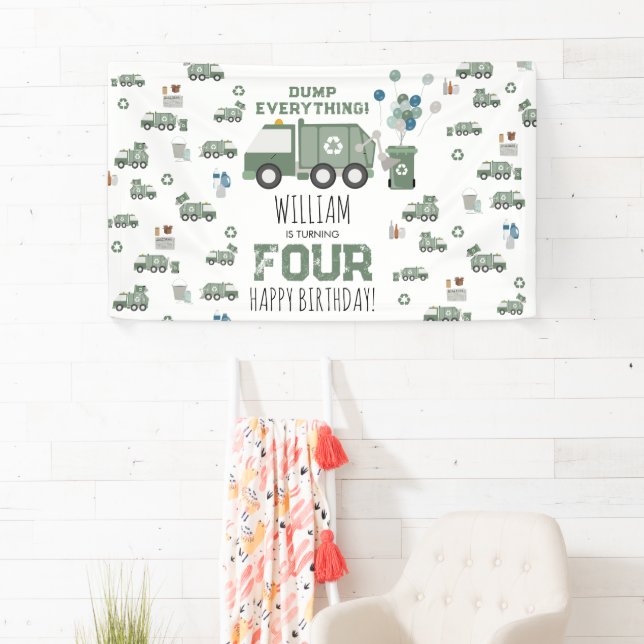 Cute Green Recycling Truck Kids Name Age Birthday Banner (Insitu)