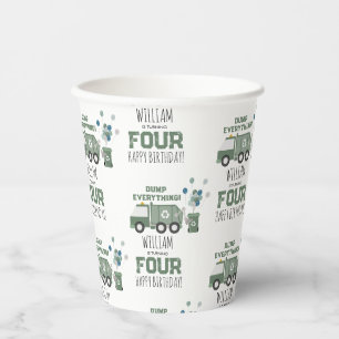 Cute Green Recycling Truck Kids Name Age Birthday Paper Cups