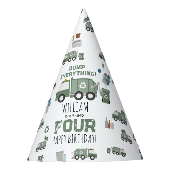 Cute Green Recycling Truck Kids Name Age Birthday Party Hat (Front)