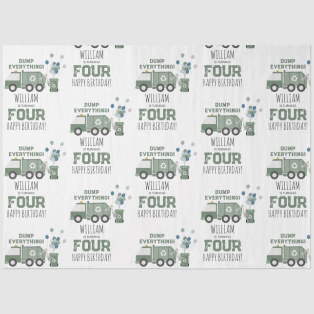 Cute Green Recycling Truck Kids Name Age Birthday Tissue Paper (Front)