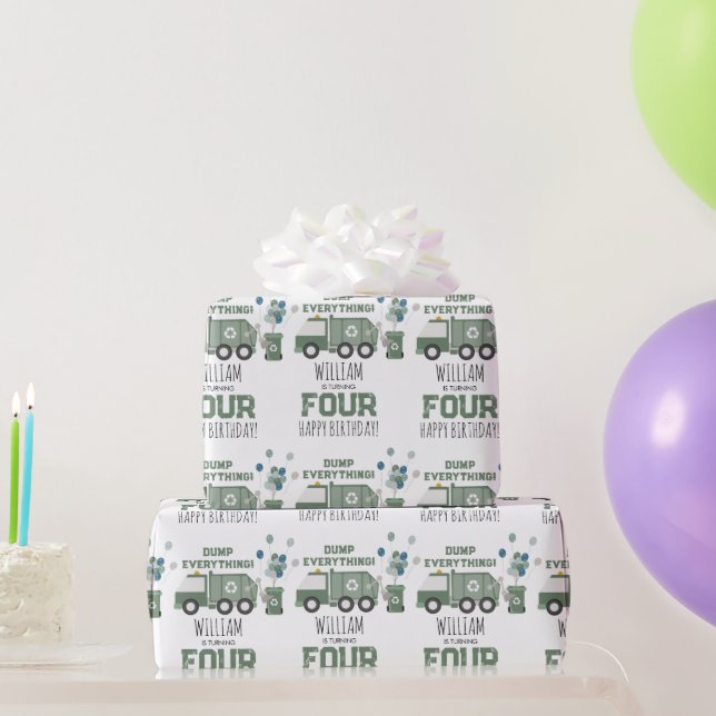 Cute Green Recycling Truck Kids Name Age Birthday Wrapping Paper (Party Gifts)
