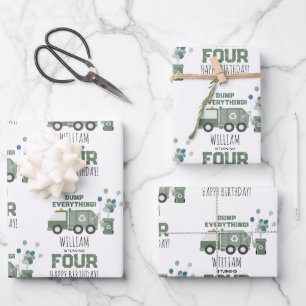 Cute Green Recycling Truck Kids Name Age Birthday Wrapping Paper Sheet