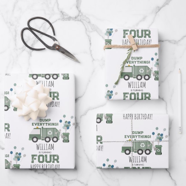 Cute Green Recycling Truck Kids Name Age Birthday Wrapping Paper Sheet (Front)