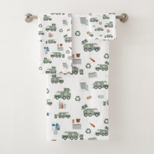 Cute Green Recycling Truck Kids Vehicles Bath Towel Set