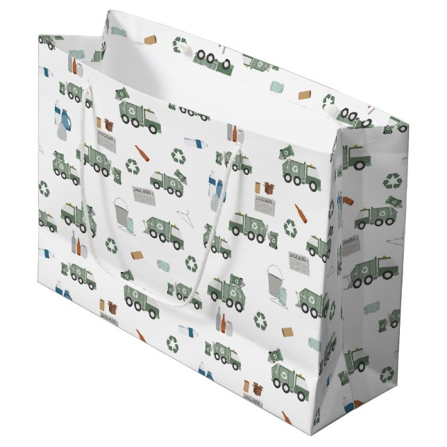 Cute Green Recycling Truck Kids Vehicles Pattern Large Gift Bag (Front Angled)