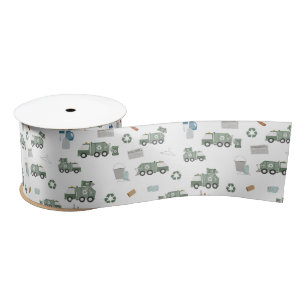Cute Green Recycling Truck Kids Vehicles Pattern Satin Ribbon