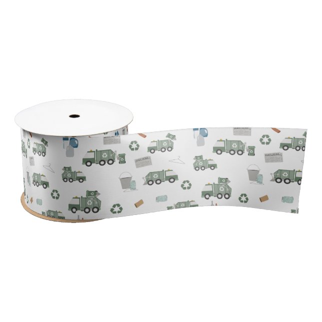 Cute Green Recycling Truck Kids Vehicles Pattern Satin Ribbon (Spool)