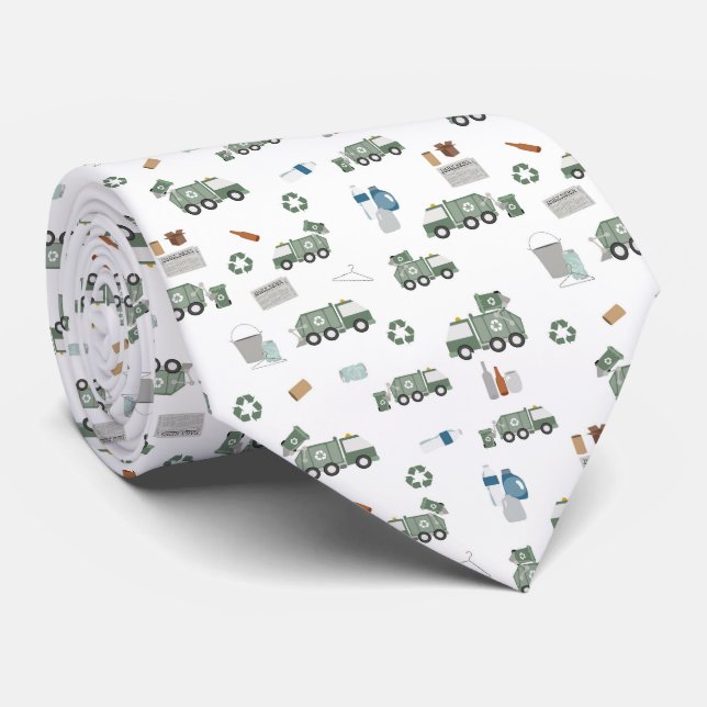 Cute Green Recycling Truck Kids Vehicles Pattern Tie (Rolled)