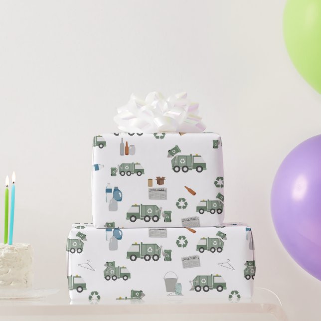 Cute Green Recycling Truck Kids Vehicles Pattern Wrapping Paper (Party Gifts)