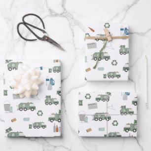 Cute Green Recycling Truck Kids Vehicles Pattern Wrapping Paper Sheet